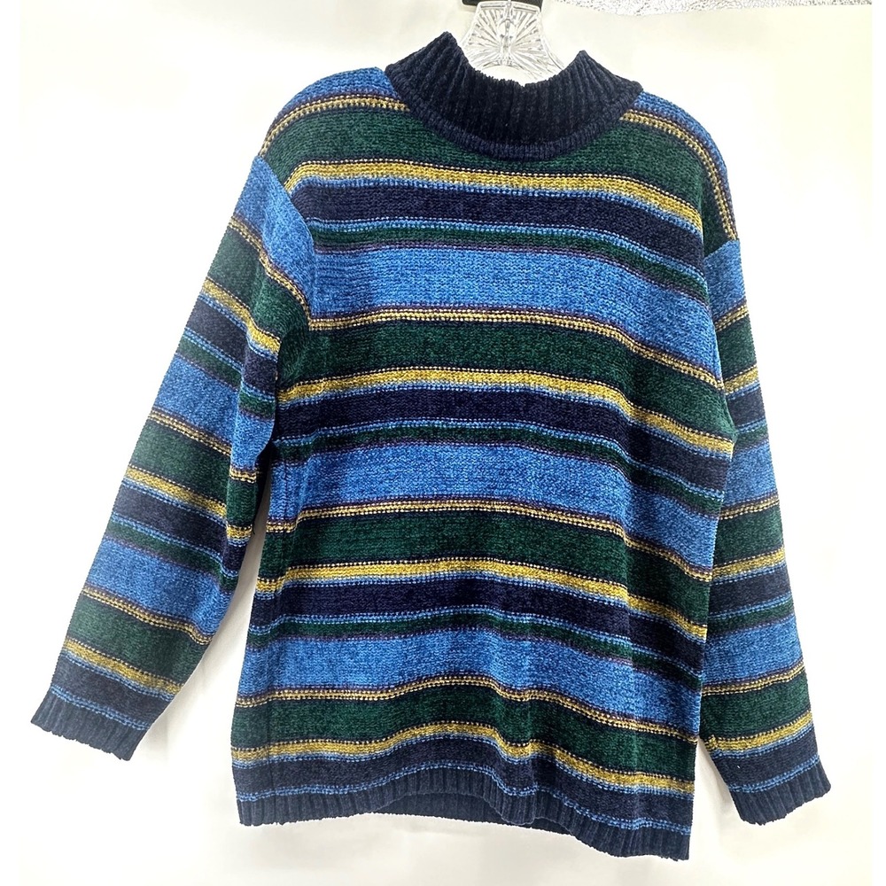 Erika & Co Womens Chenille Striped Mock Neck Sweater Blue Green Large 90s Fall